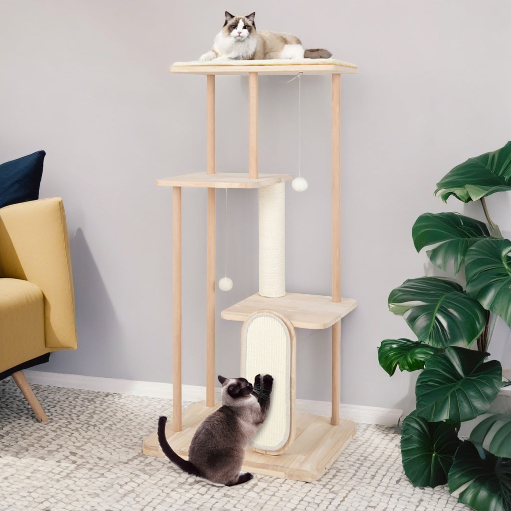 Pefilos 50" Wood Cat Tree Tower Furniture, Cat Condo with Scratching Board and Post for Kittens Cat Tree House, Beige Pefilos 50" Wood Cat Tree Tower Furniture, Cat Condo with Scratching Board and Post for Kittens Cat Tree House, Beige