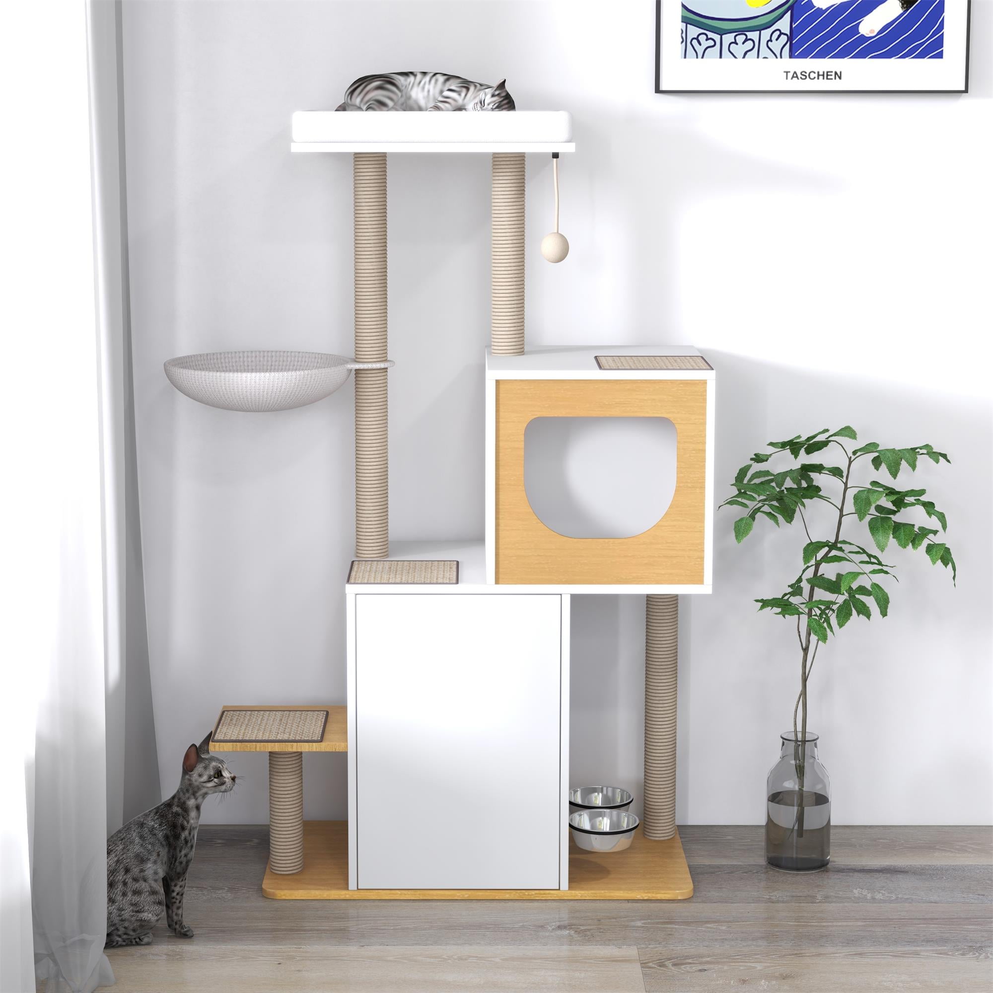 Pefilos 50" Wood Cat Tree Tower Multi-Level Cat Condo with Sisal Scratching Post for Indoor Kitten Activity Centre Furniture, White Pefilos 50" Wood Cat Tree Tower Multi-Level Cat Condo with Sisal Scratching Post for Indoor Kitten Activity Centre Furniture, White