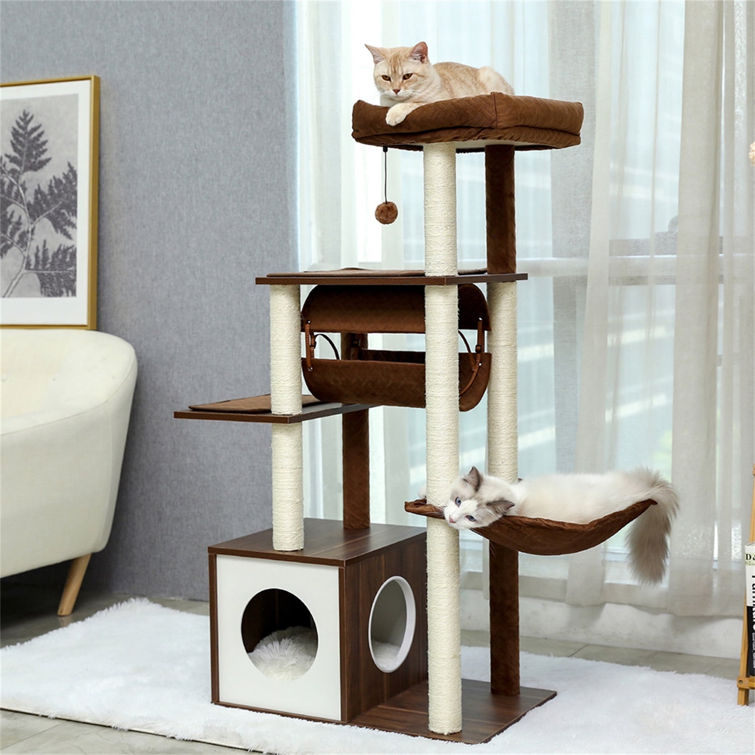 Pefilos 51.4" 6 Levels Cat Tree Wooden Cat Tower Cozy Cat Condo, Spacious Perch, Hammock and Swing Tunnel for Indoor Cats, Brown