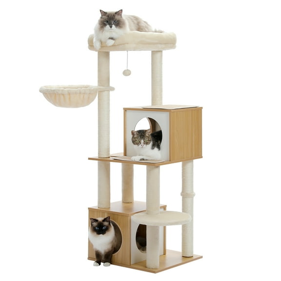 Pefilos 51 Inches Modern Cat Tree Tower for Indoor Cats, Multilevel Cat Play House with Large Cat Condo, Spacious Hammock, Cozy Top Perch, Beige