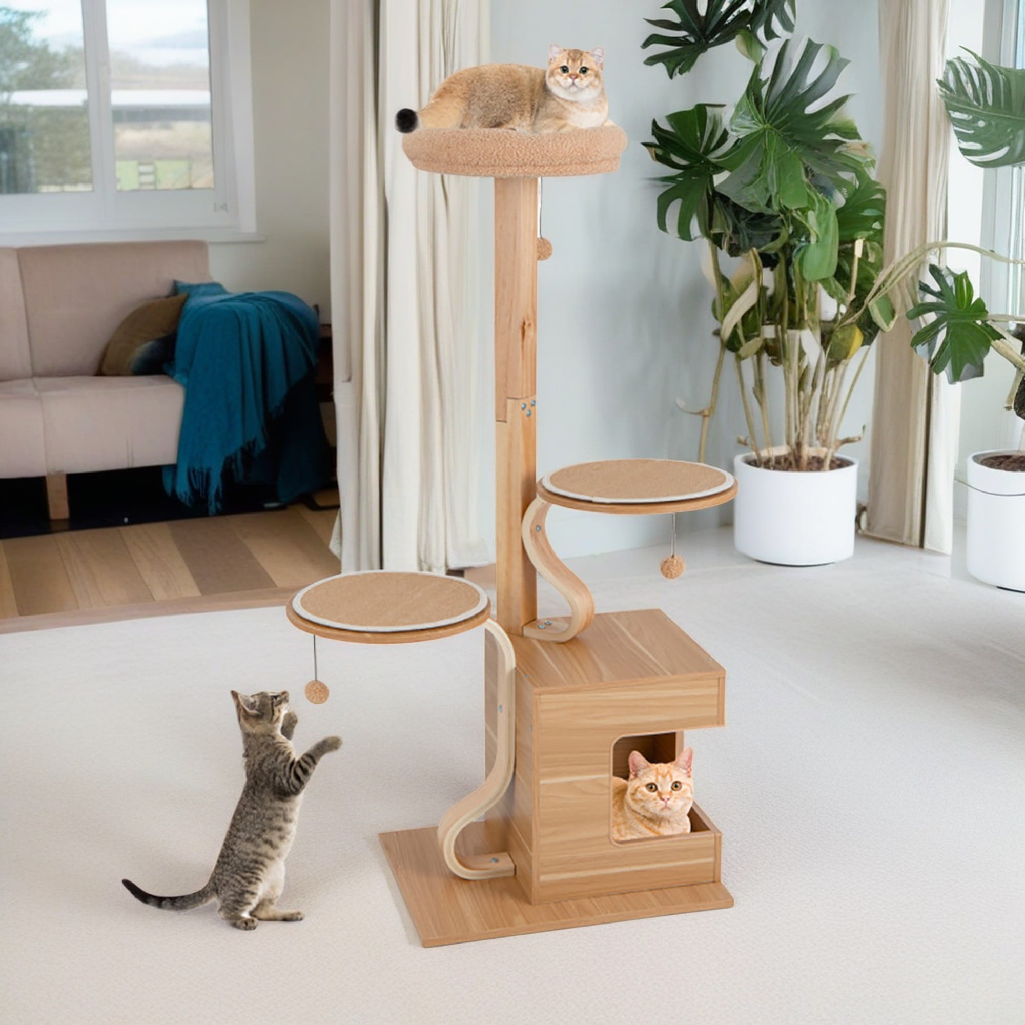 Pefilos 51" Multi-level Wood Cat Tree Tower with Washable Cushions for Indoor Cats, Featuring with Cat Condo for Kittens and Cats, Beige Pefilos 51" Multi-level Wood Cat Tree Tower with Washable Cushions for Indoor Cats, Featuring with Cat Condo for Kittens and Cats, Beige