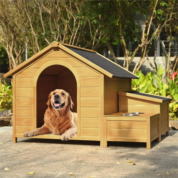 Pefilos 51" Outdoor Large Dog House, Solid Wood Dog Kennel, Weatherproof Dog Shelter with Feeder and Storage Box, Beige
