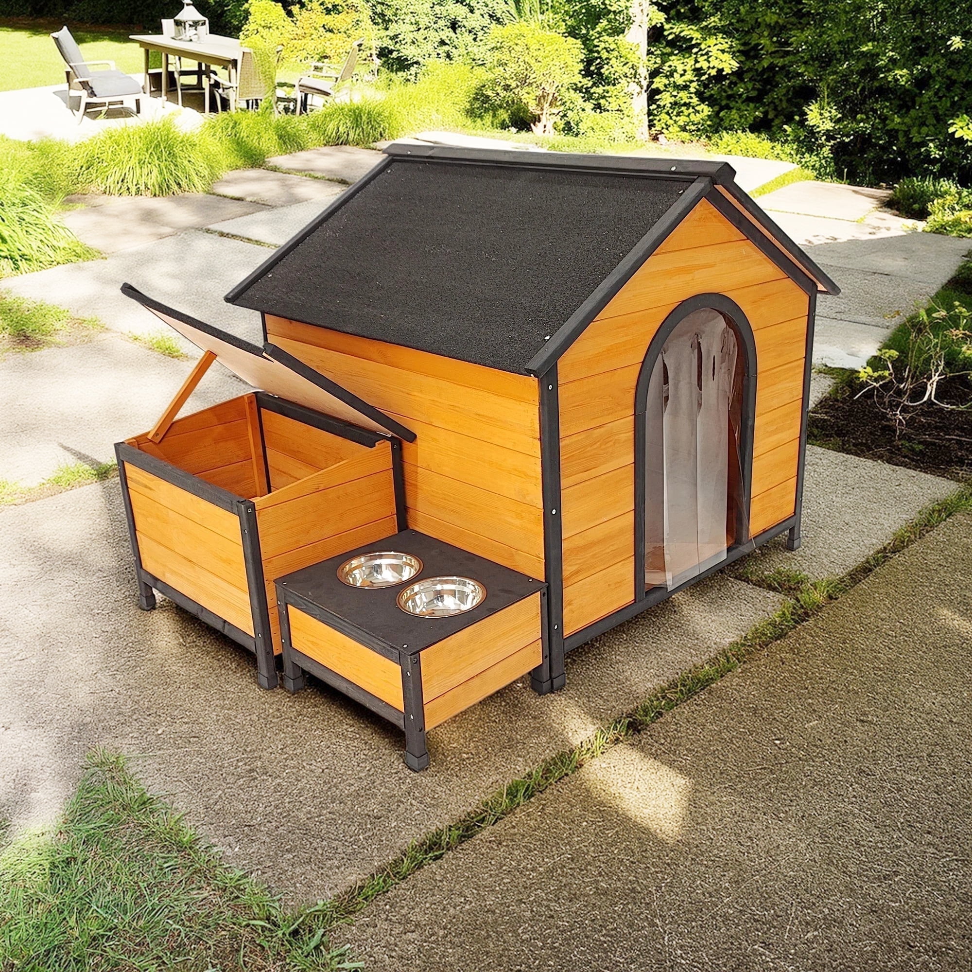 Pefilos 47" Large Wood Dog House for Outdoor and Indoor Dogs, Waterproof Pet Cat House Cabin with Porch, Rabbit Hutch, 2 Doors, Beige