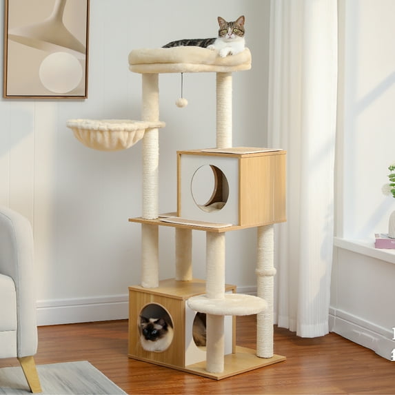 Pefilos 51" Wooden Cat Trees Towers for Large Cats with Cat Scratching Post and Removable Soft Perches Modern Cat Condo for Indoor, Beige