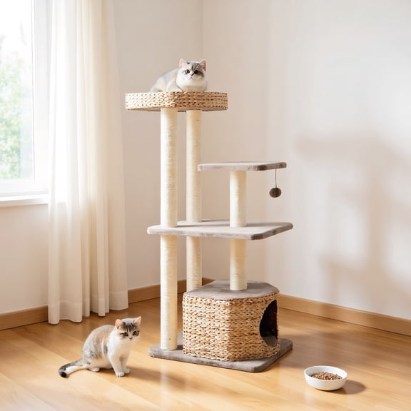 Pefilos 52" Cat Tree Tower for Indoor Cats, Cat Condo for Large Cats, Modern Cat Tree House Manual Hand Woven with Sisal, Cat Scratching Post, Beige