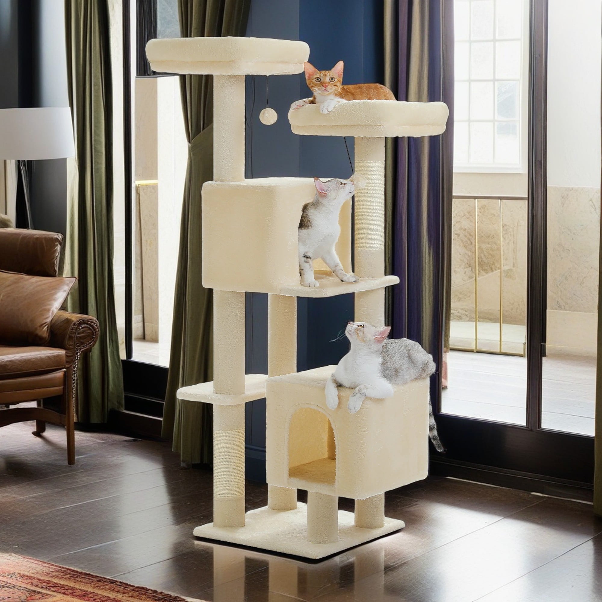 Pefilos 52" Cat Tree Tower with 2 Scratching Posts, 2 Perches, 2 Caves, Pompoms, Multi-Level Plush Cat Condo for Indoor Cats, Beige Pefilos 52" Cat Tree Tower with 2 Scratching Posts, 2 Perches, 2 Caves, Pompoms, Multi-Level Plush Cat Condo for Indoor Cats, Beige