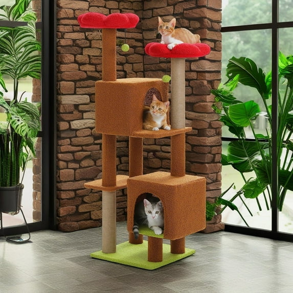 Pefilos 52" Cat Tree Tower with 2 Scratching Posts, 2 Perches, 2 Caves, Pompoms, Multi-Level Plush Cat Condo for Indoor Cats, Brown
