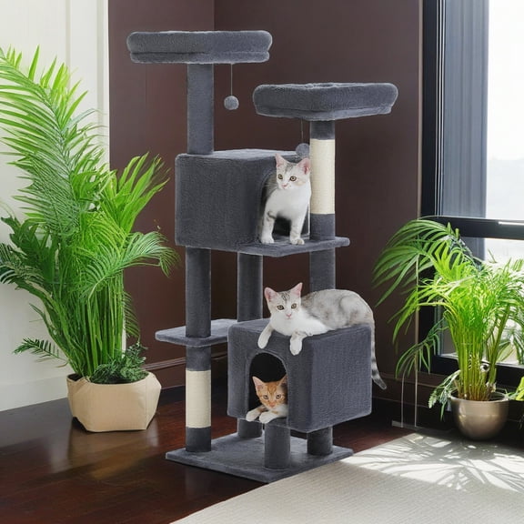 Pefilos 52" Cat Tree Tower with 2 Scratching Posts, 2 Perches, 2 Caves, Pompoms, Multi-Level Plush Cat Condo for Indoor Cats, Gray