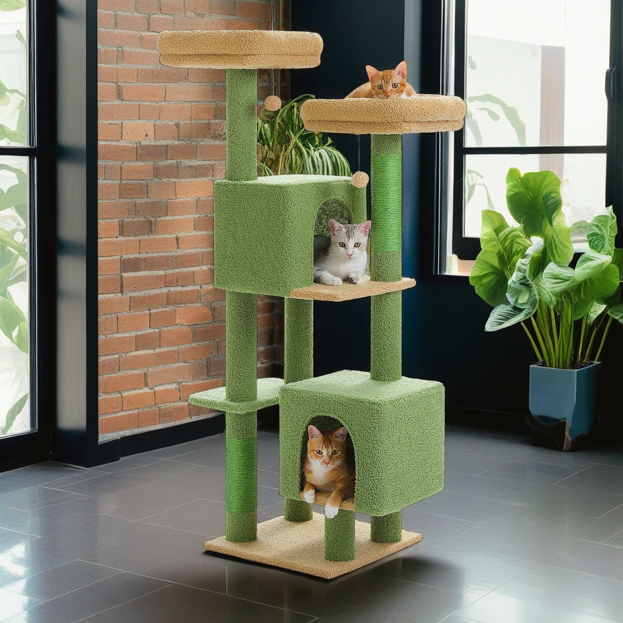 Pefilos 52" Cat Tree Tower with 2 Scratching Posts, 2 Perches, 2 Caves, Pompoms, Multi-Level Plush Cat Condo for Indoor Cats, Green Pefilos 52" Cat Tree Tower with 2 Scratching Posts, 2 Perches, 2 Caves, Pompoms, Multi-Level Plush Cat Condo for Indoor Cats, Green