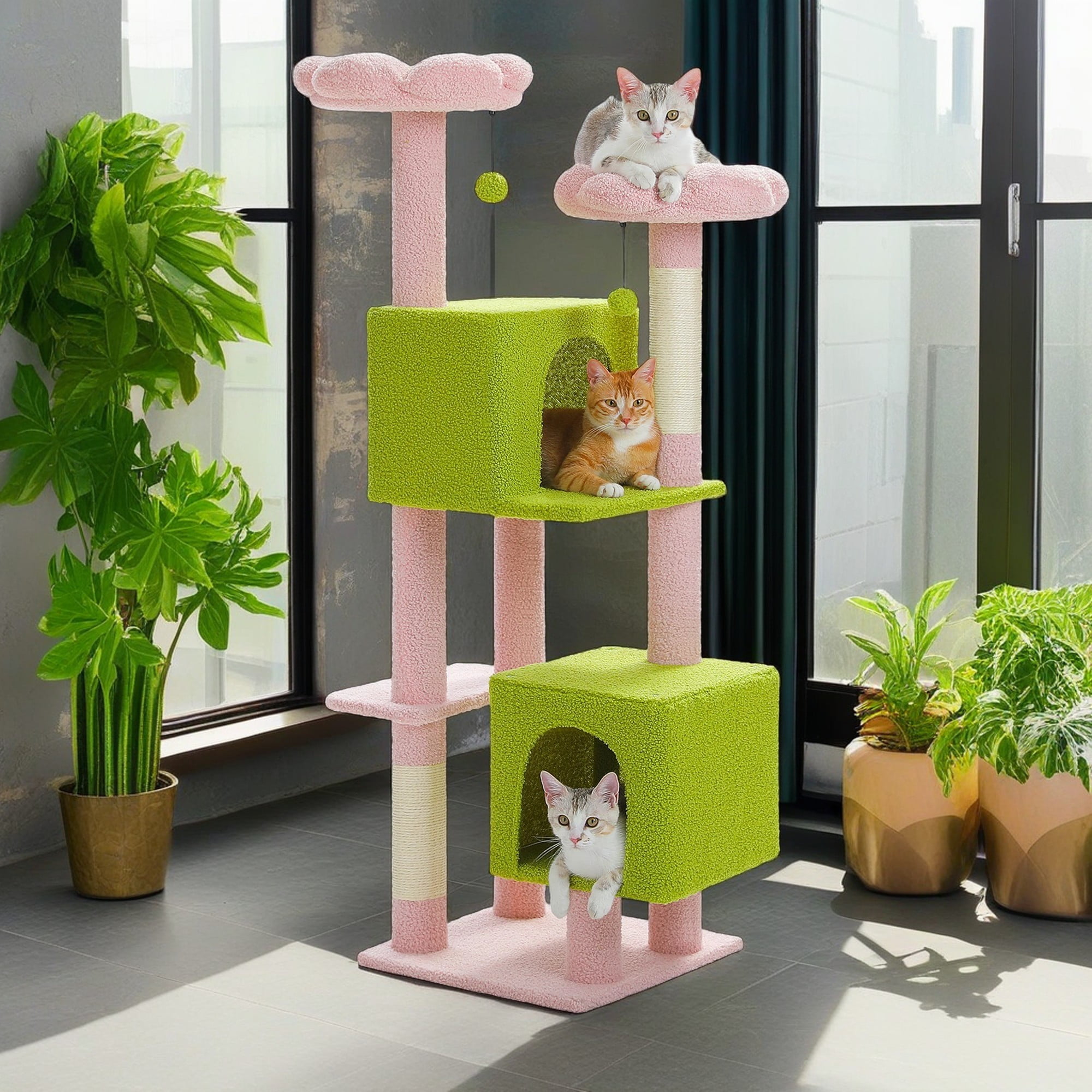 Pefilos 52" Cat Tree Tower with 2 Scratching Posts, 2 Perches, 2 Caves, Pompoms, Multi-Level Plush Cat Condo for Indoor Cats, Pink Pefilos 52" Cat Tree Tower with 2 Scratching Posts, 2 Perches, 2 Caves, Pompoms, Multi-Level Plush Cat Condo for Indoor Cats, Pink