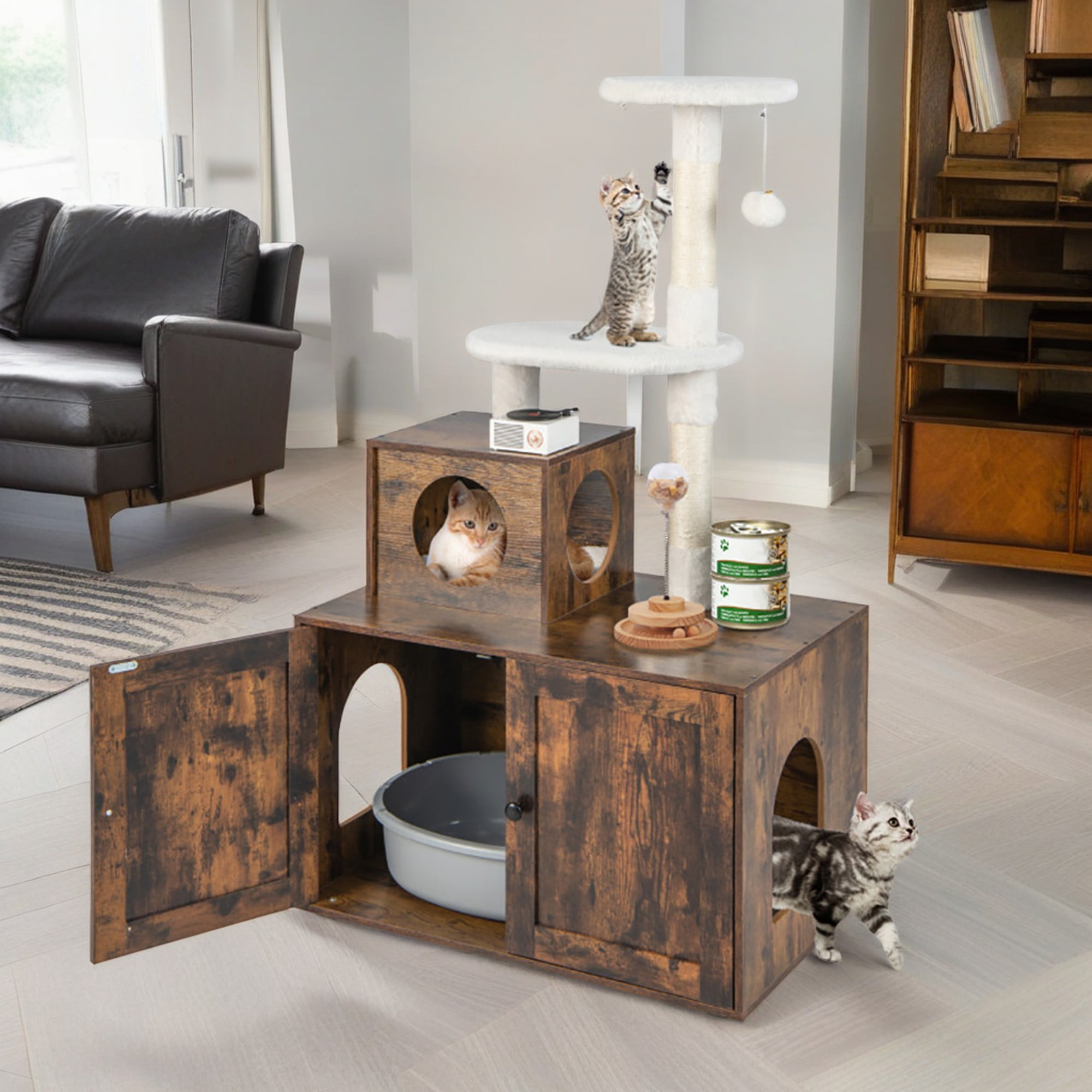 Pefilos 52" Cat Tree Tower with Litter Box Enclosure, 2-in-1 Modern Cat Tower, Cat Condo with Scratching Posts, Pompom Ball, Brown Pefilos 52" Cat Tree Tower with Litter Box Enclosure, 2-in-1 Modern Cat Tower, Cat Condo with Scratching Posts, Pompom Ball, Brown