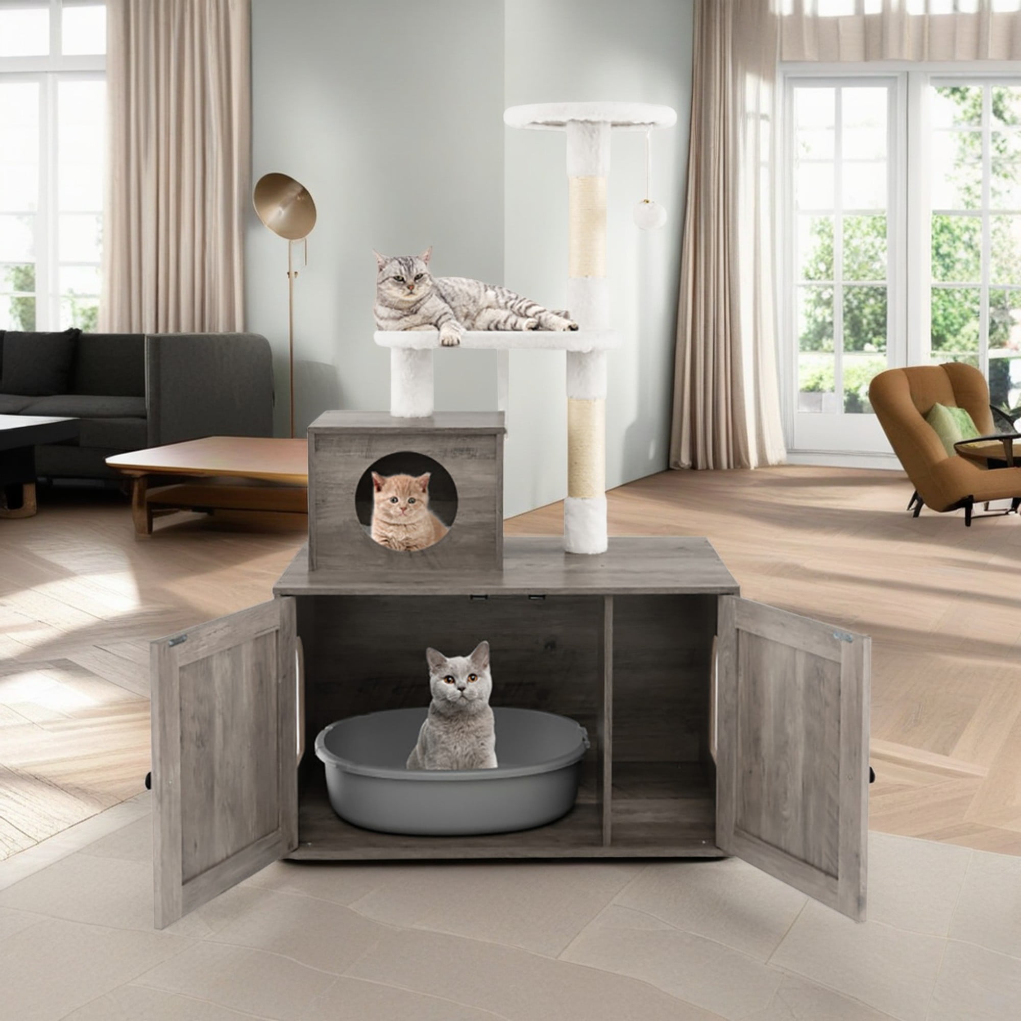 Pefilos 52" Cat Tree Tower with Litter Box Enclosure, 2-in-1 Modern Cat Tower, Cat Condo with Scratching Posts, Pompom Ball, Gray Pefilos 52" Cat Tree Tower with Litter Box Enclosure, 2-in-1 Modern Cat Tower, Cat Condo with Scratching Posts, Pompom Ball, Gray