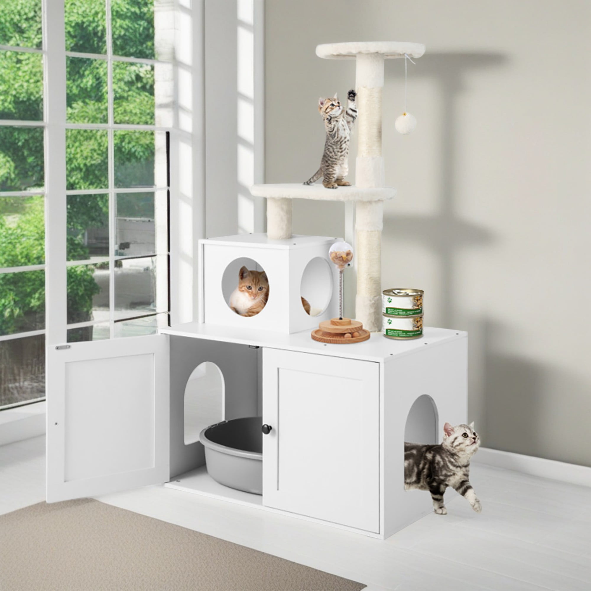Pefilos 52" Cat Tree Tower with Litter Box Enclosure, 2-in-1 Modern Cat Tower, Cat Condo with Scratching Posts, Pompom Ball, White Pefilos 52" Cat Tree Tower with Litter Box Enclosure, 2-in-1 Modern Cat Tower, Cat Condo with Scratching Posts, Pompom Ball, White