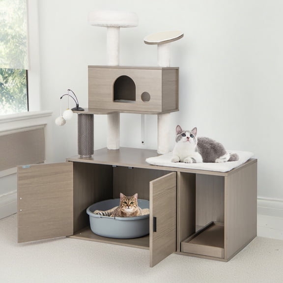 Pefilos 52" Cat Tree Tower with Litter Box Enclosure, 2-in-1 Modern Cat Tower, Cat Condo with Scratching Posts and Board, Gray