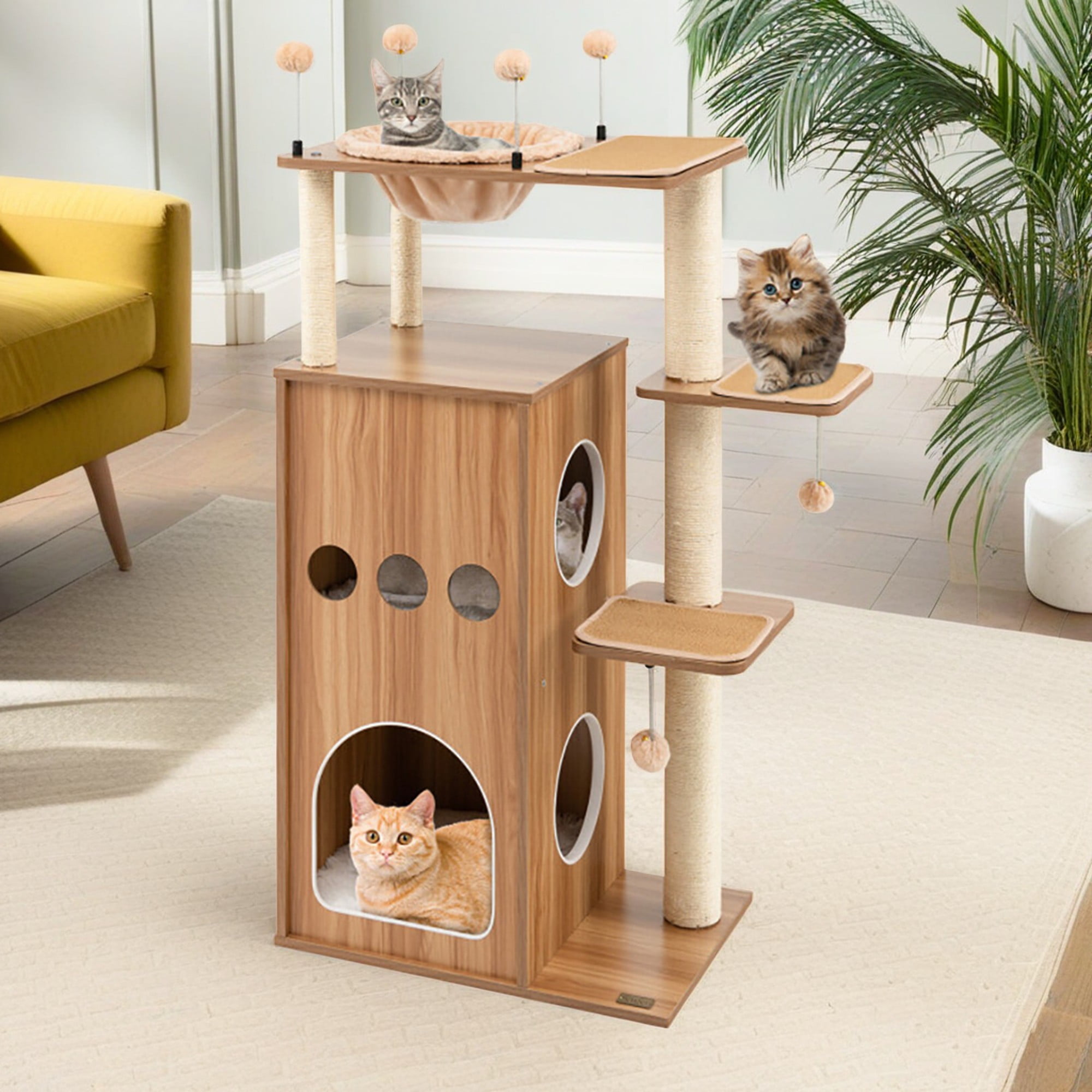 Pefilos 52" Cat Tree Tower with Wood 2 Level Cat Condos, Large Perch and Totally Wrapped Sisal Posts, Modern Cat Tree House, Beige Pefilos 52" Cat Tree Tower with Wood 2 Level Cat Condos, Large Perch and Totally Wrapped Sisal Posts, Modern Cat Tree House, Beige