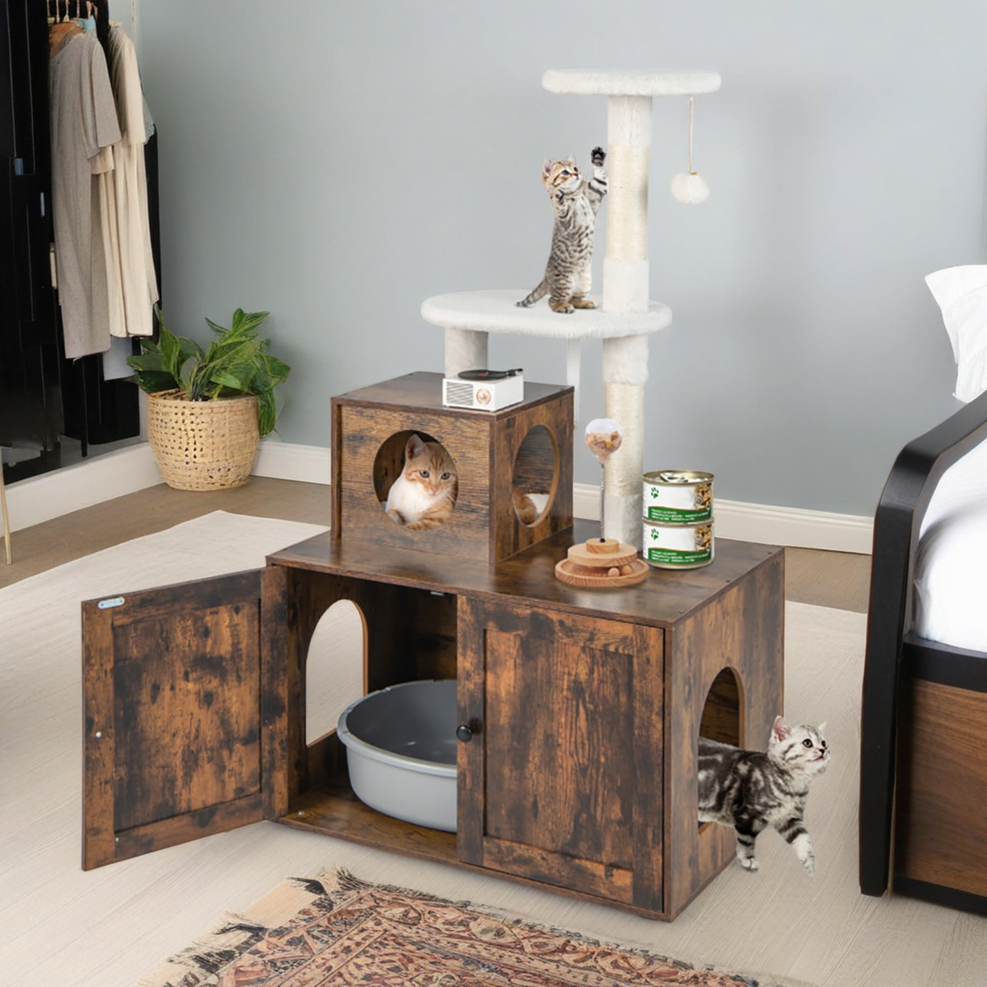 Pefilos 52" Cat Tree with Wood Litter Box Enclosure, All-in-one Indoor Cat Furniture with Large Platform and Condo, Modern Style Cat Tower, Brown Pefilos 52" Cat Tree with Wood Litter Box Enclosure, All-in-one Indoor Cat Furniture with Large Platform and Condo, Modern Style Cat Tower, Brown