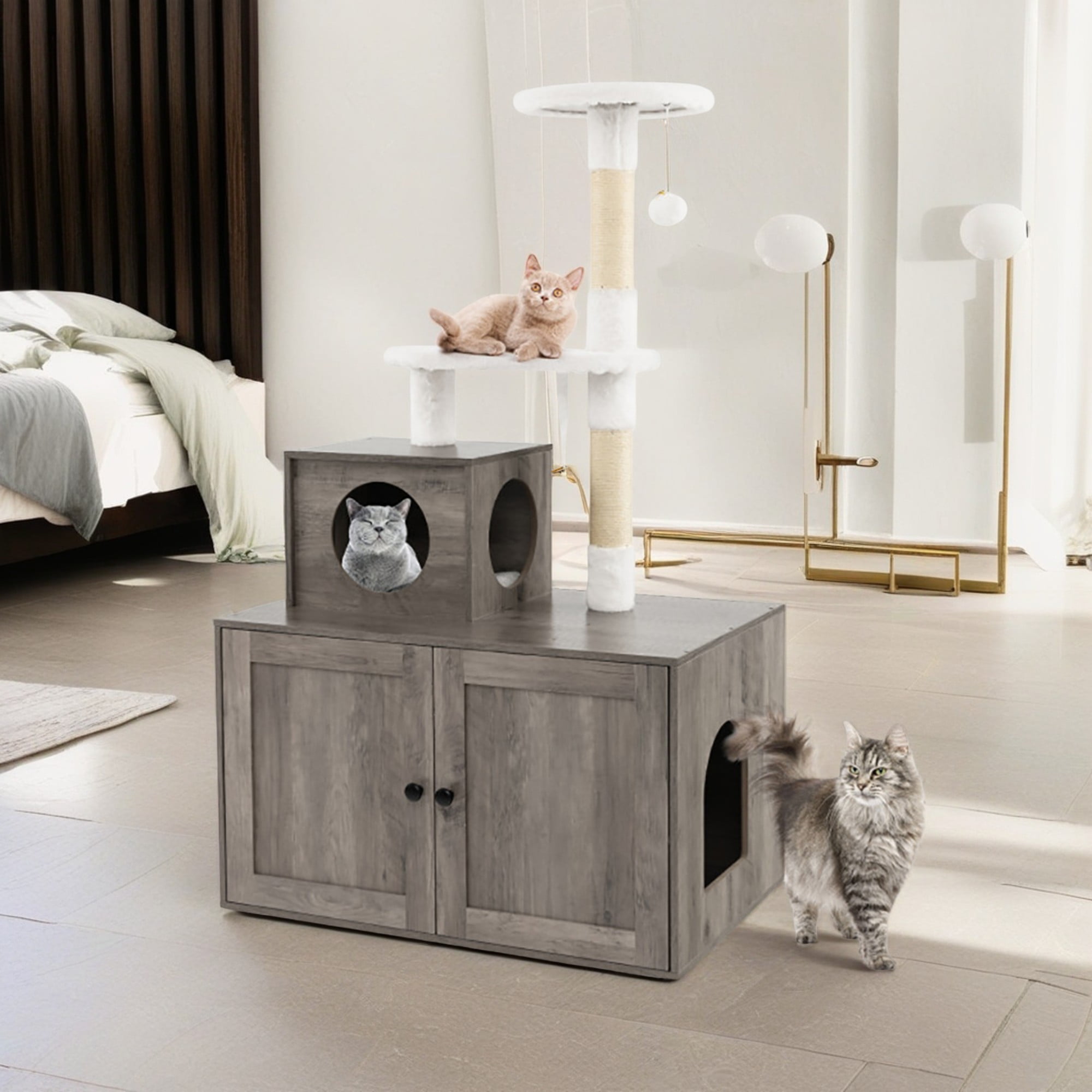Pefilos 52" Cat Tree with Wood Litter Box Enclosure, All-in-one Indoor Cat Furniture with Large Platform and Condo, Modern Style Cat Tower, Gray Pefilos 52" Cat Tree with Wood Litter Box Enclosure, All-in-one Indoor Cat Furniture with Large Platform and Condo, Modern Style Cat Tower, Gray