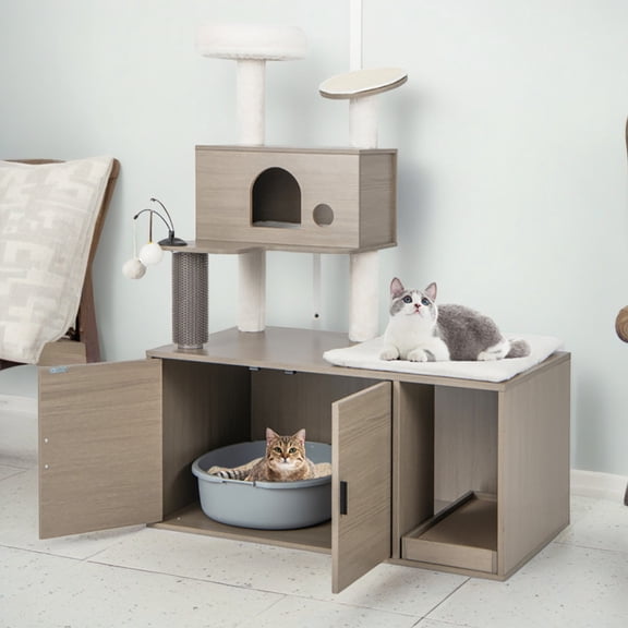 Pefilos 52" Cat Tree with Wood Litter Box Enclosure, All-in-one Indoor Cat Furniture with Large Platform and Condo, Modern Style Cat Tower, Gray