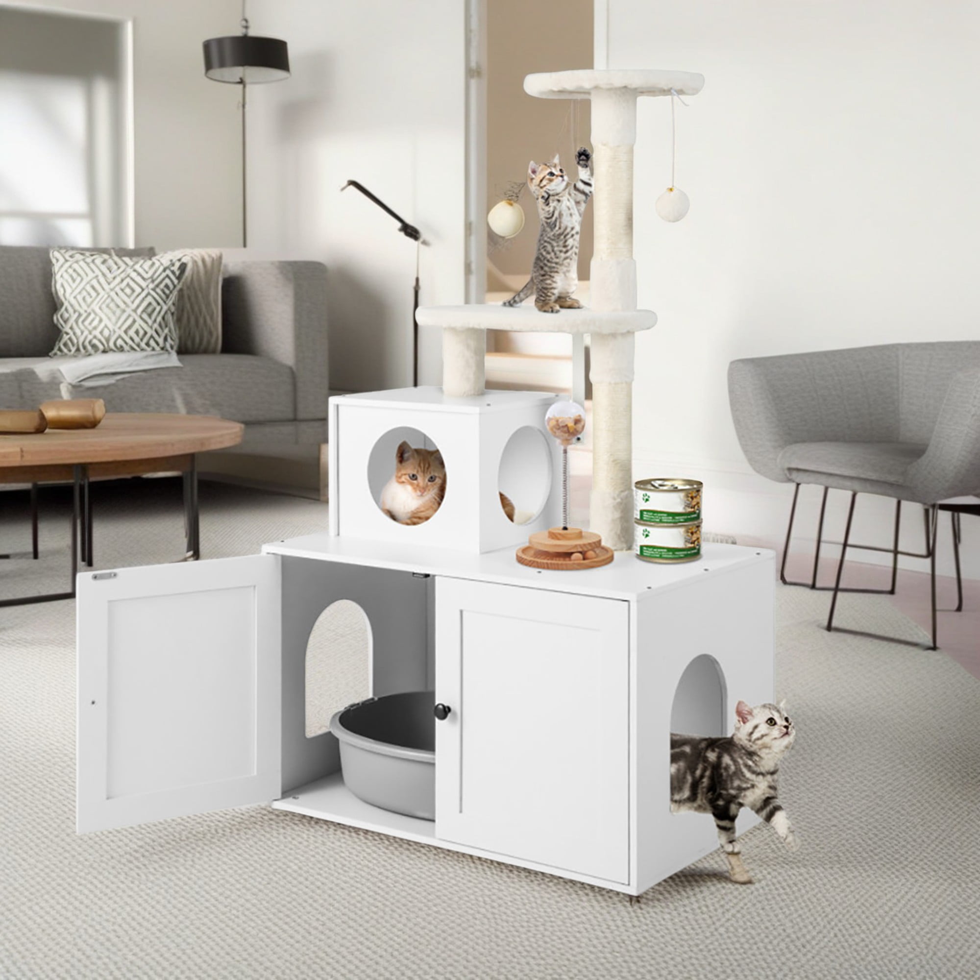 Pefilos 52" Cat Tree with Wood Litter Box Enclosure, All-in-one Indoor Cat Furniture with Large Platform and Condo, Modern Style Cat Tower, White Pefilos 52" Cat Tree with Wood Litter Box Enclosure, All-in-one Indoor Cat Furniture with Large Platform and Condo, Modern Style Cat Tower, White