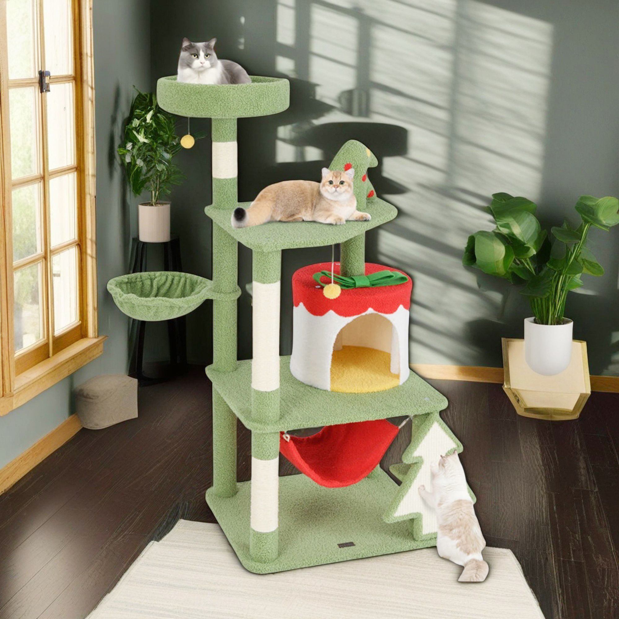 Pefilos 52" Christmas Decor Cat Tree Tower for Indoor Cats, Multi-Level Cat Climbing Tower with Cat Condos, Top Perches, Hammock, Green Pefilos 52" Christmas Decor Cat Tree Tower for Indoor Cats, Multi-Level Cat Climbing Tower with Cat Condos, Top Perches, Hammock, Green