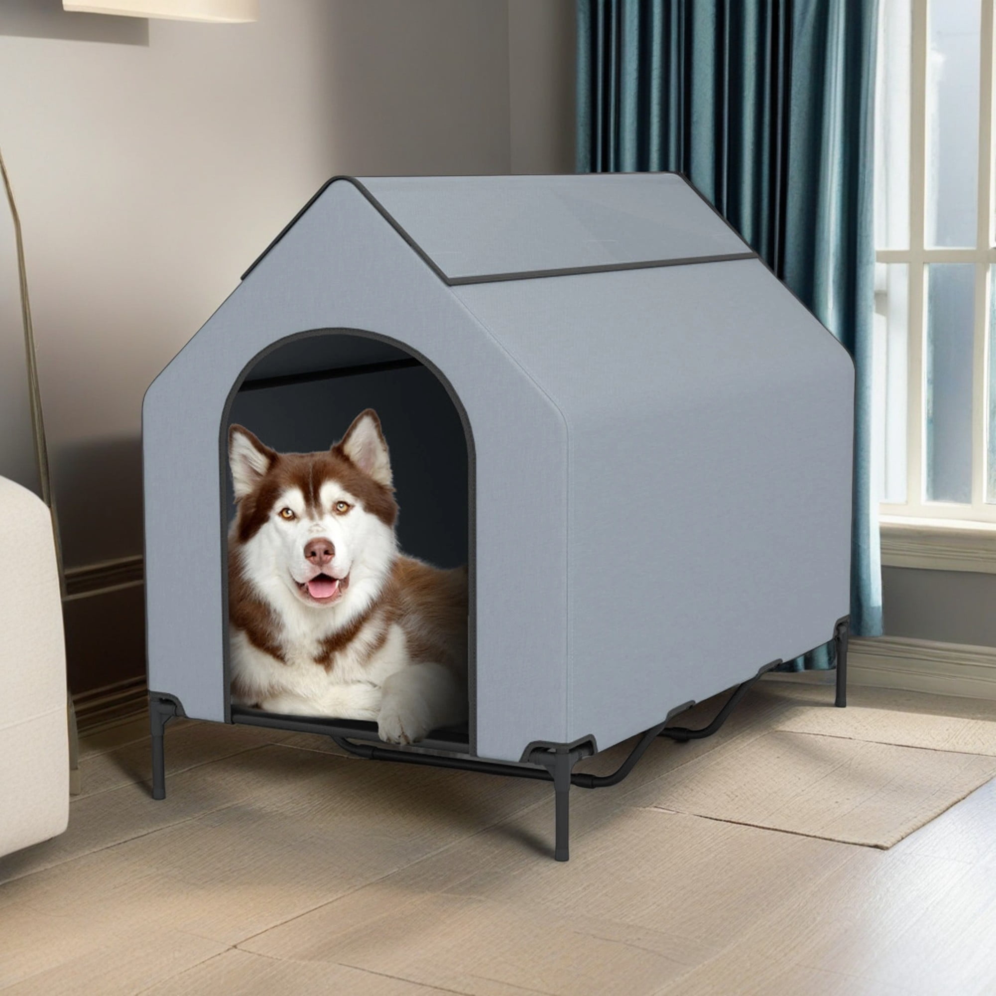 Pefilos 52" Dog House for Large Dogs Indoor or Outside, Weatherproof 600D PVC Dog Kennel Outdoor with Ventilated Windows, Elevated Dog Cooling Bed, Gray Pefilos 52" Dog House for Large Dogs Indoor or Outside, Weatherproof 600D PVC Dog Kennel Outdoor with Ventilated Windows, Elevated Dog Cooling Bed, Gray