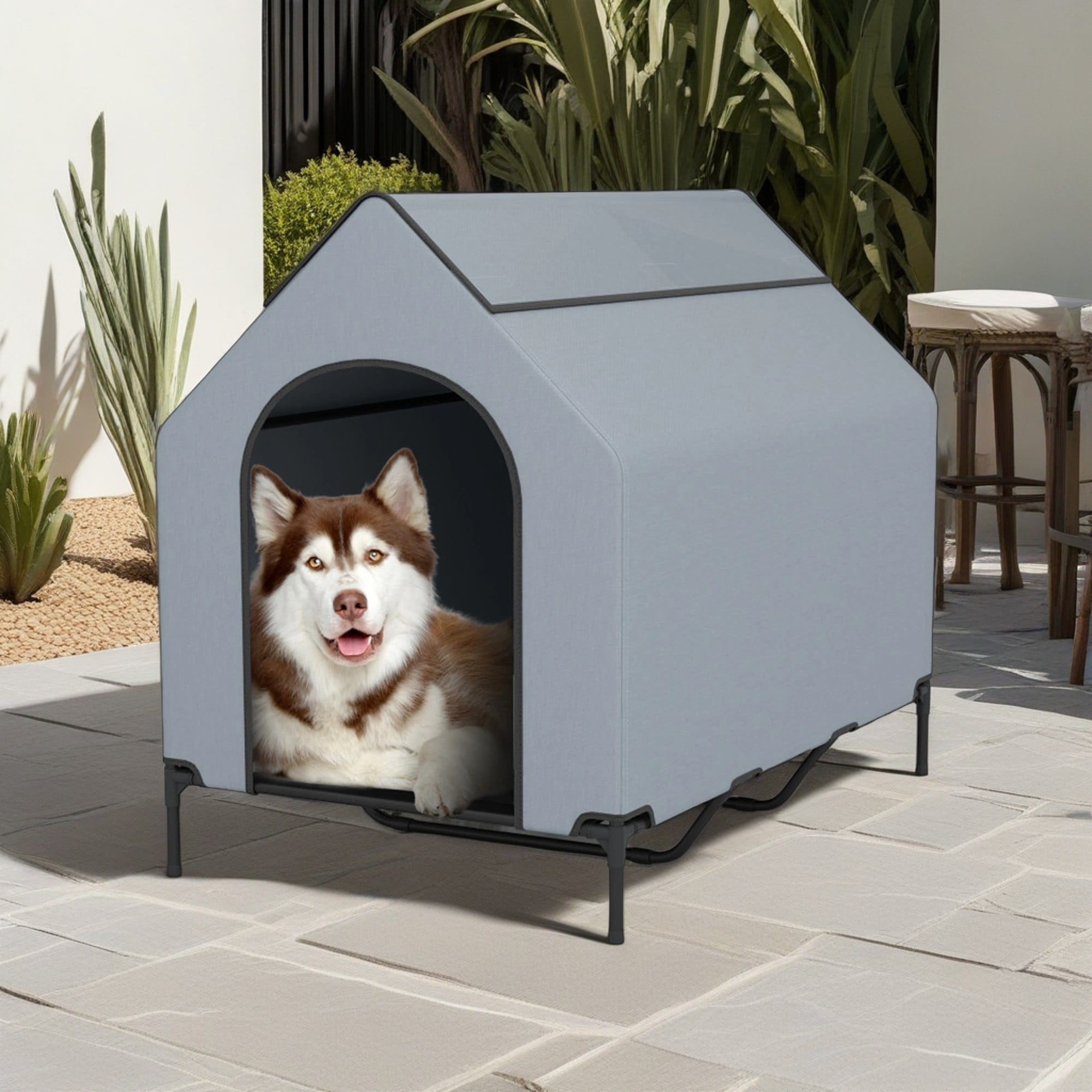 Pefilos 52" Dog House for Large Dogs, Outside Elevated Dog Bed, Weatherproof Dog Kennel for Indoor and Outdoor, Portable Dog Shelter Cot with Ventilated Windows, Gray Pefilos 52" Dog House for Large Dogs, Outside Elevated Dog Bed, Weatherproof Dog Kennel for Indoor and Outdoor, Portable Dog Shelter Cot with Ventilated Windows, Gray
