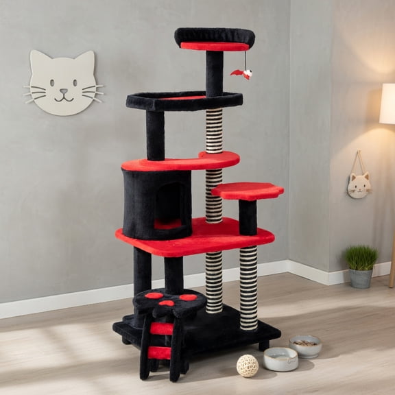 Pefilos 52" Gothic Cat Tree Tower Furniture with Scratching Post, Climbing Ladder, Cat Condo for Kittens Cat Tree House, Black