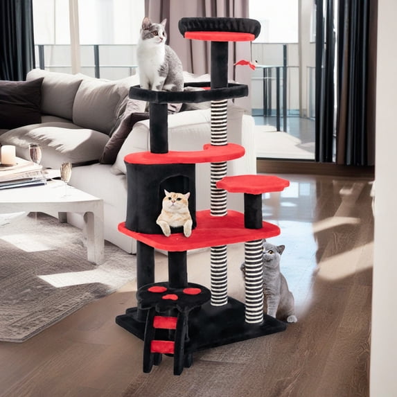Pefilos 52" Gothic Cat Tree Tower Furniture with Scratching Post, Climbing Ladder, Cat Condo for Kittens Cat Tree House, Black