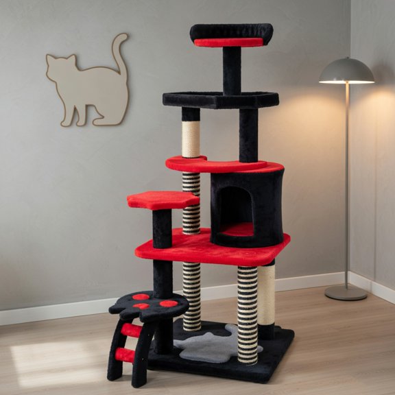 Pefilos 52" Gothic Cat Tree Tower for Indoor Cats, Multi-Level Cat Tree House with Scratching Posts, Climbing Ladder, Cat Condo, Black