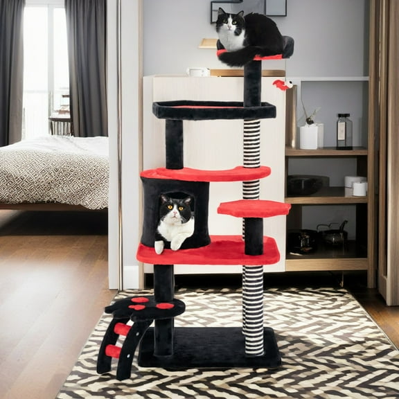 Pefilos 52" Gothic Cat Tree Tower for Indoor Cats, Multi-Level Cat Tree House with Scratching Posts, Climbing Ladder, Cat Condo, Black