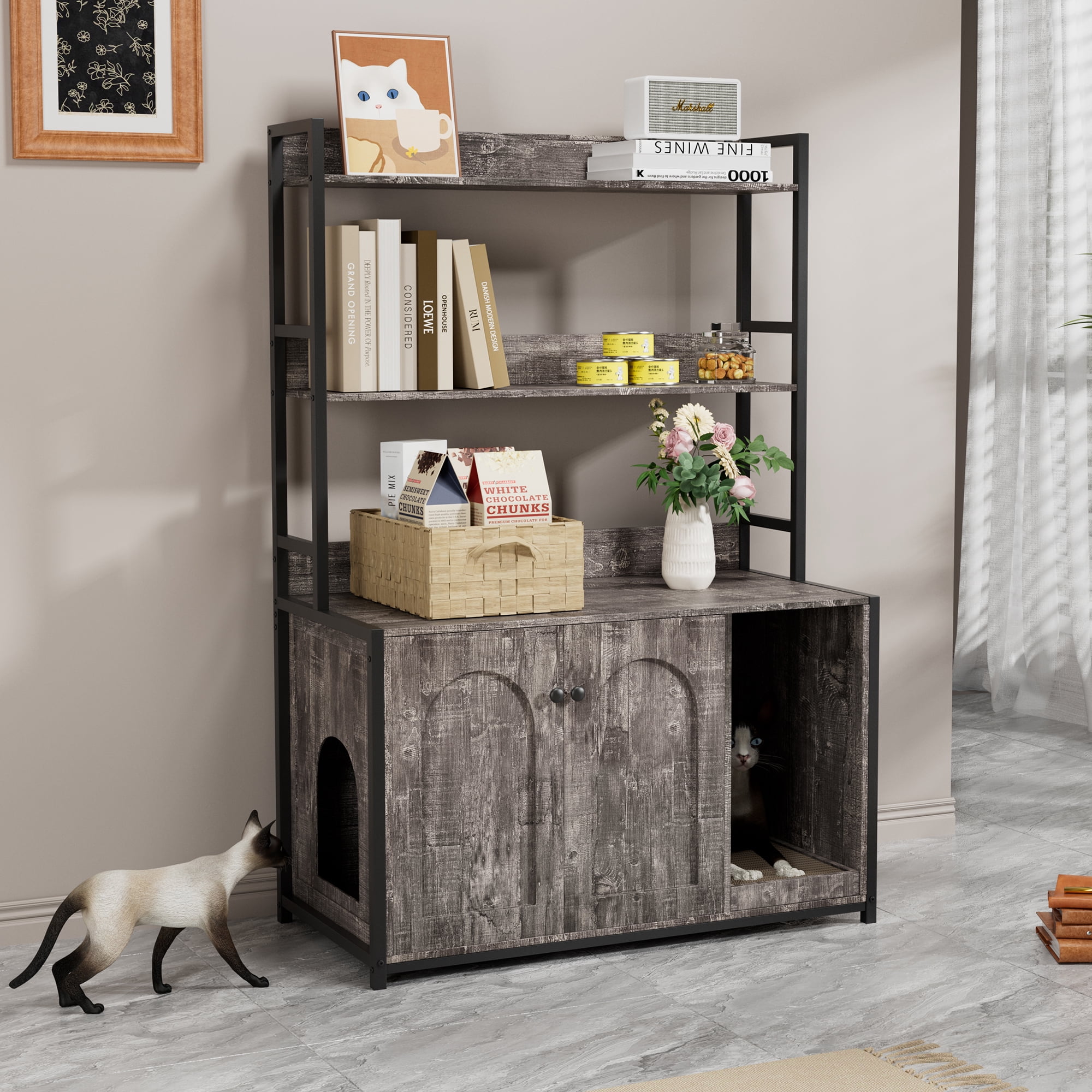 Pefilos 52" Large Wood Cat Litter Box Enclosure, Hidden Cat House Washroom Furniture with Shelf Storage Rack, Scratch Pad, Gray