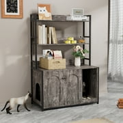 Pefilos 52" Large Wood Cat Litter Box Enclosure, Hidden Cat House Washroom Furniture with Shelf Storage Rack, Scratch Pad, Gray