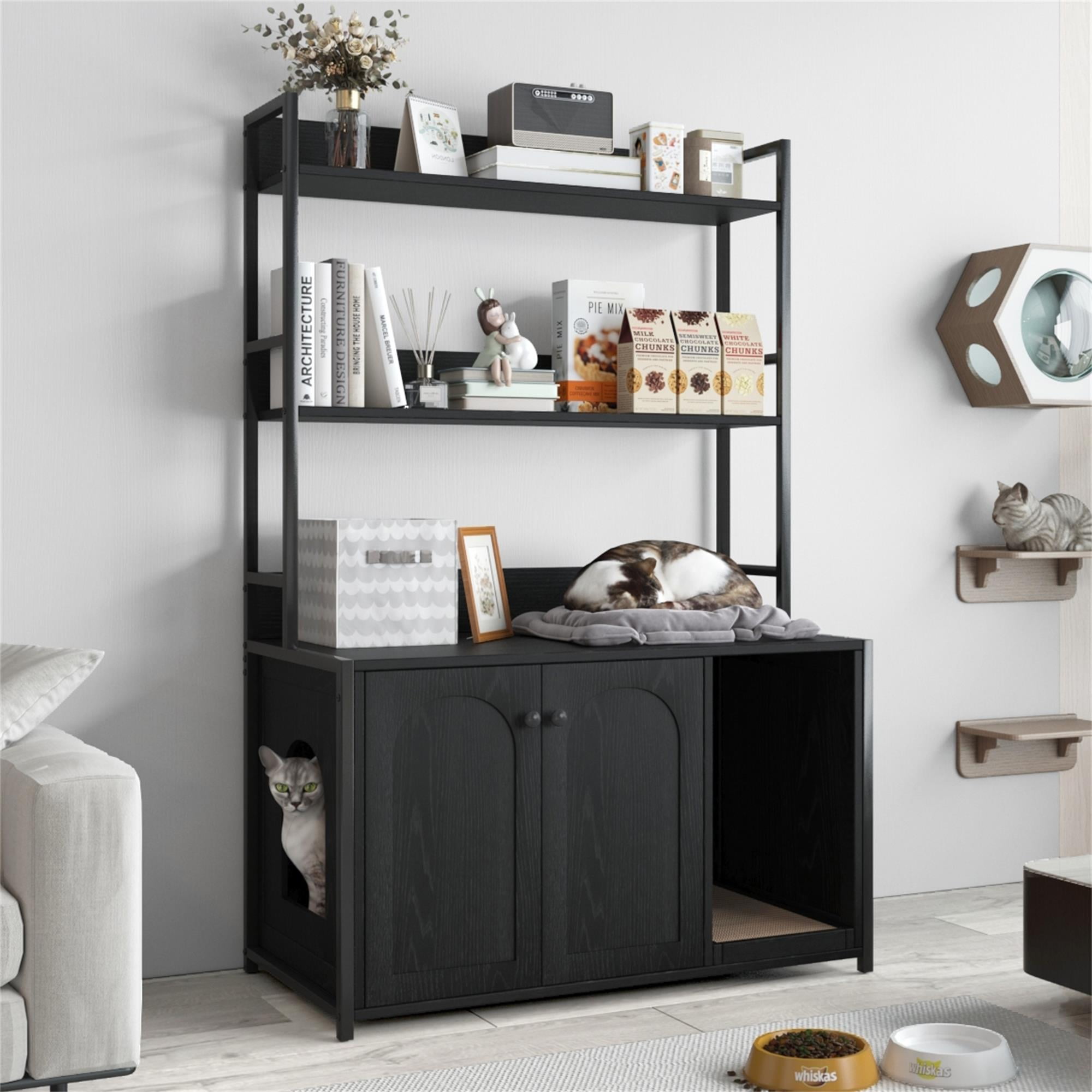 Pefilos 52" Large Wood Cat Litter Box Enclosure, Hidden Cat House Washroom Furniture with Shelf Storage Rack, Scratch Pad, Black Pefilos 52" Large Wood Cat Litter Box Enclosure, Hidden Cat House Washroom Furniture with Shelf Storage Rack, Scratch Pad, Black