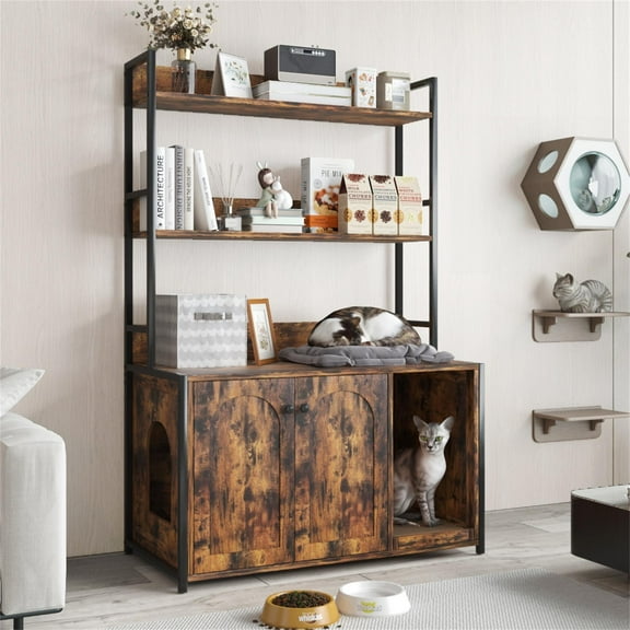 Pefilos 52" Large Wood Cat Litter Box Enclosure, Hidden Cat House Washroom Furniture with Shelf Storage Rack, Scratch Pad, Brown