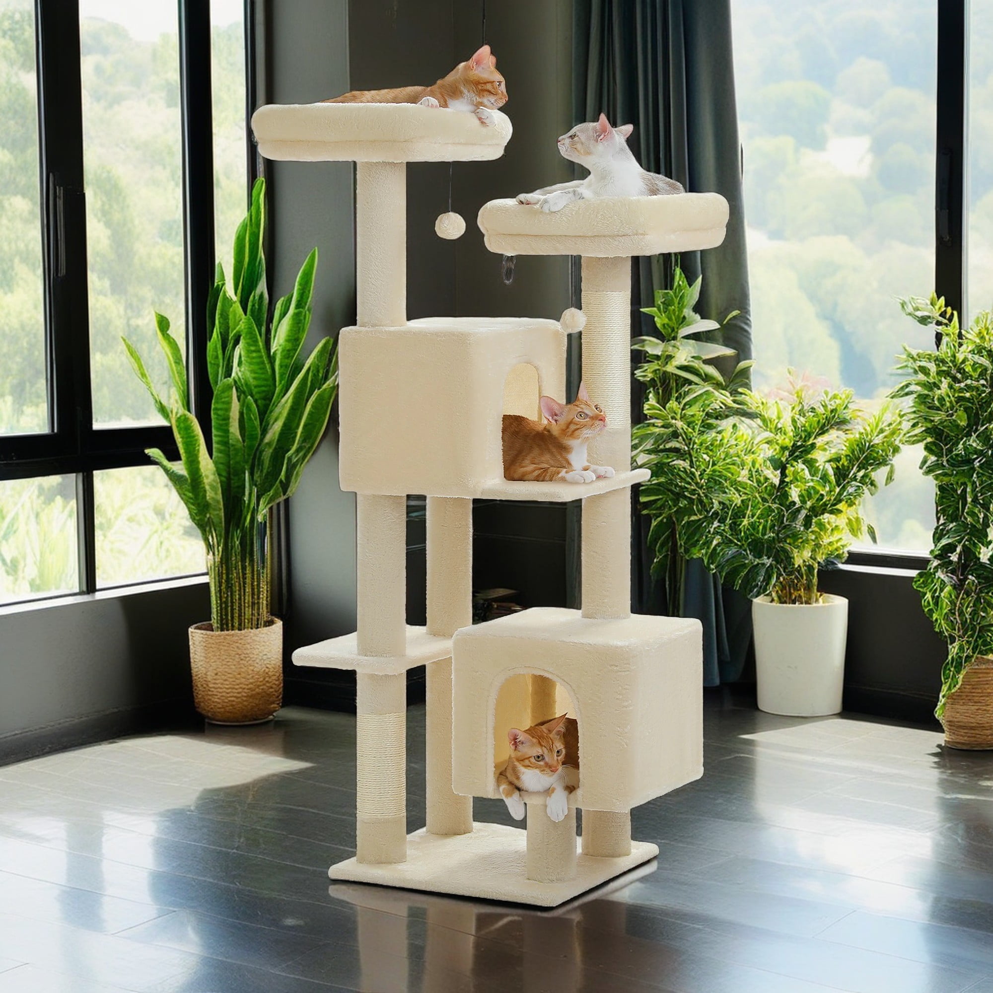 Pefilos 52" Multilevel Cat Tree Tower for Indoor Cats, Plush Cat Tree House with 2 Padded Perches, 2 Condos and 2 Scratching Posts, Beige Pefilos 52" Multilevel Cat Tree Tower for Indoor Cats, Plush Cat Tree House with 2 Padded Perches, 2 Condos and 2 Scratching Posts, Beige