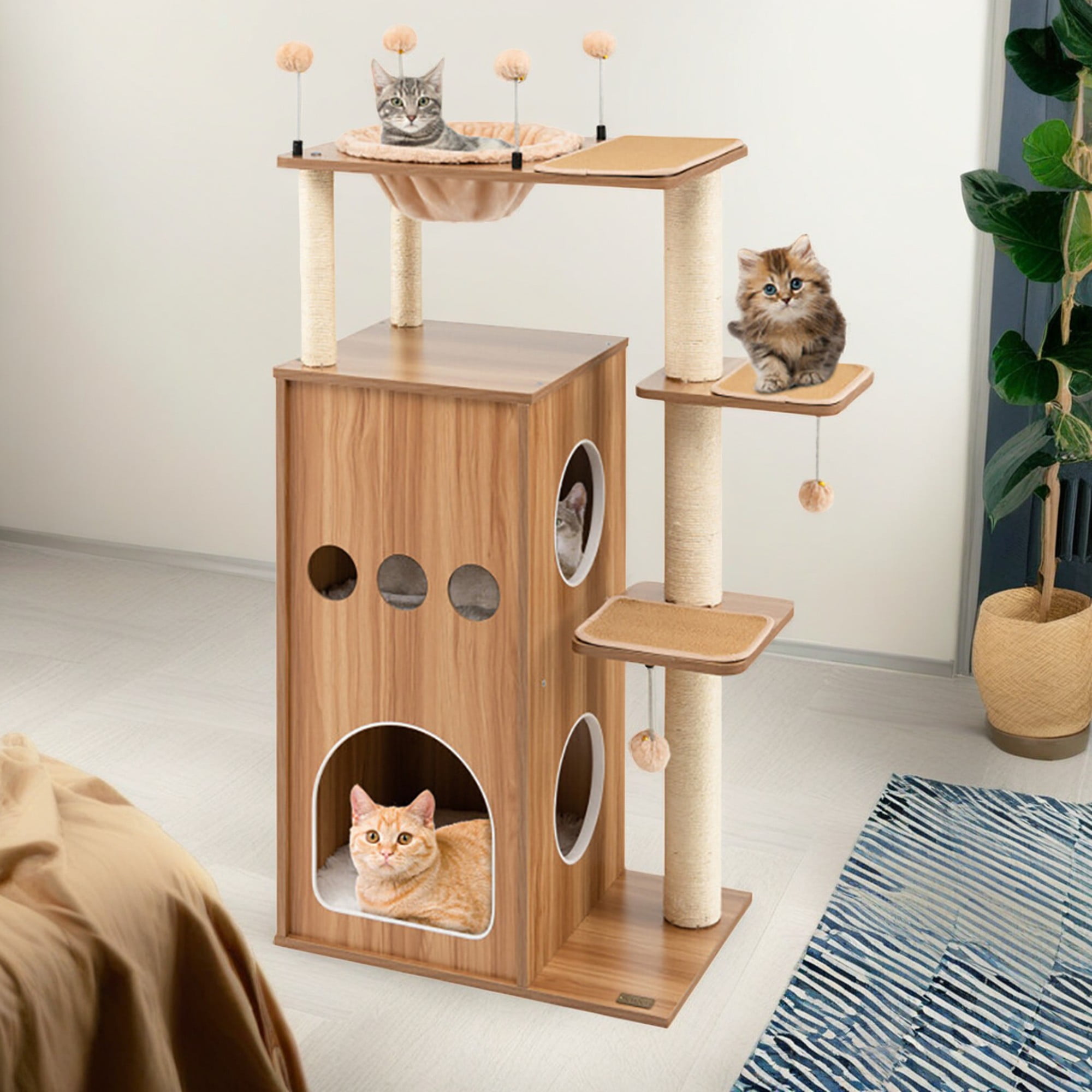 Pefilos 52" Wood Cat Tree Tower for Indoor Cats with Scratching Posts Washable Detachable Cushion, Teasing Balls, Modern Cat Condo Furniture for Large Cat, Beige Pefilos 52" Wood Cat Tree Tower for Indoor Cats with Scratching Posts Washable Detachable Cushion, Teasing Balls, Modern Cat Condo Furniture for Large Cat, Beige