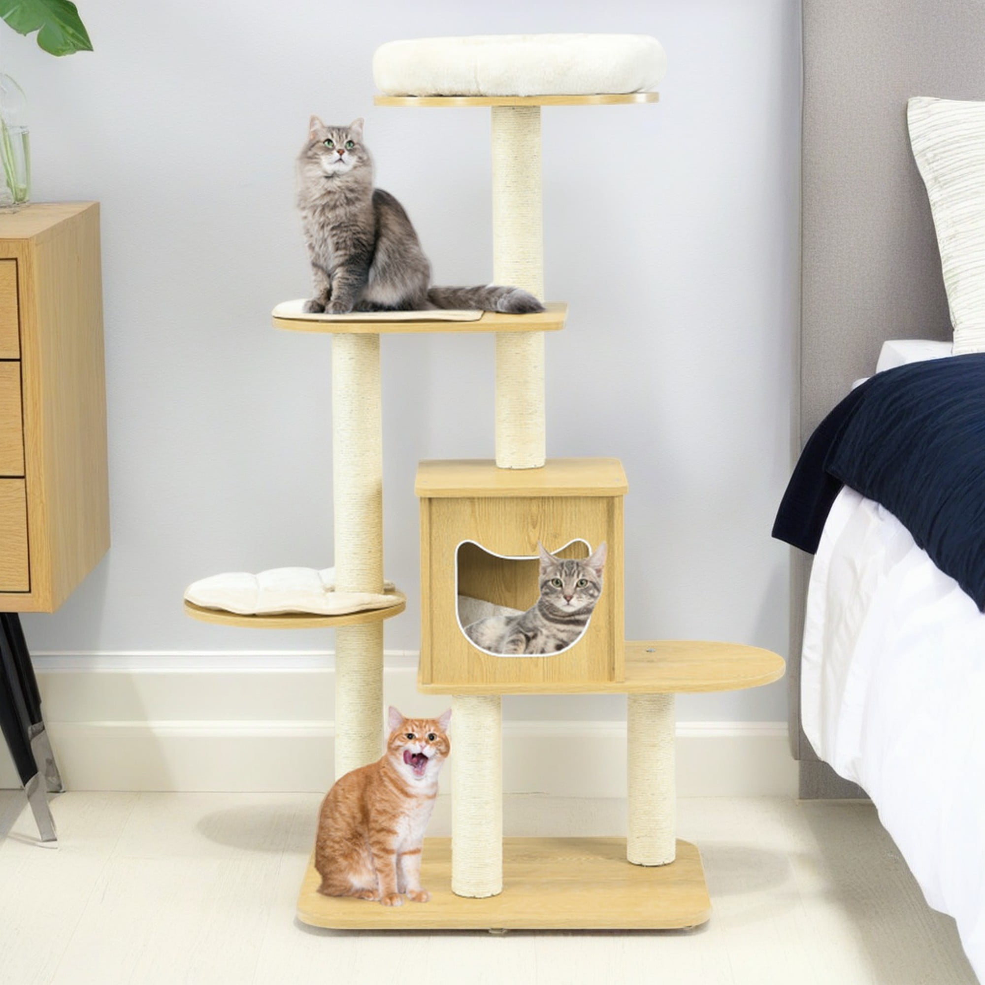 Pefilos 53" Cat Tree House, 4 Levels Modern Cat Tree Tower for Indoor Cats, Wood Cat Condo with Scratching Post and Removable Pads, Beige Pefilos 53" Cat Tree House, 4 Levels Modern Cat Tree Tower for Indoor Cats, Wood Cat Condo with Scratching Post and Removable Pads, Beige