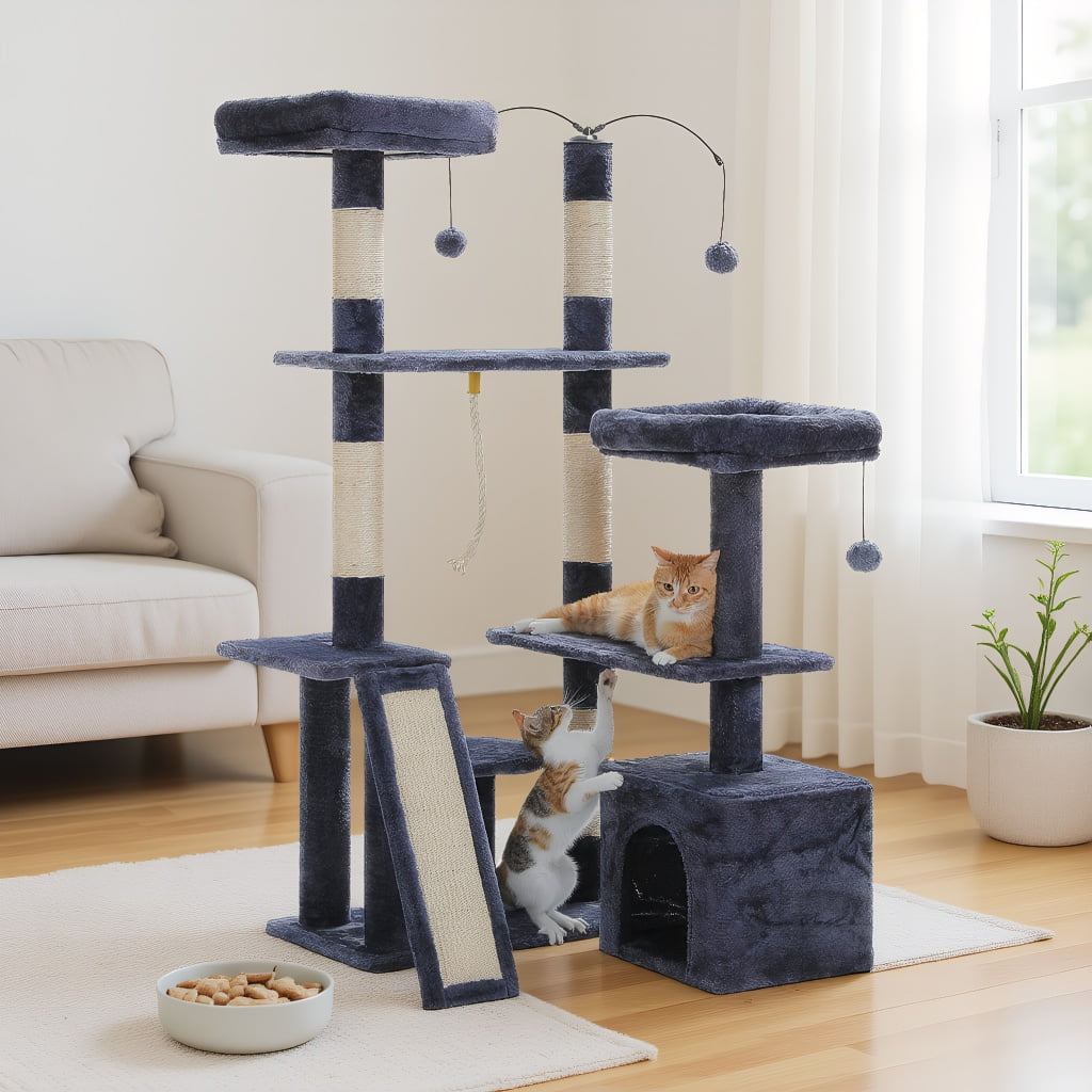 Pefilos 53" Cat Tree Pet Play House with Sisal Scratching Posts, Condo, Perches, Wide Platform for Indoor Kittens/Adult Cats, Gray