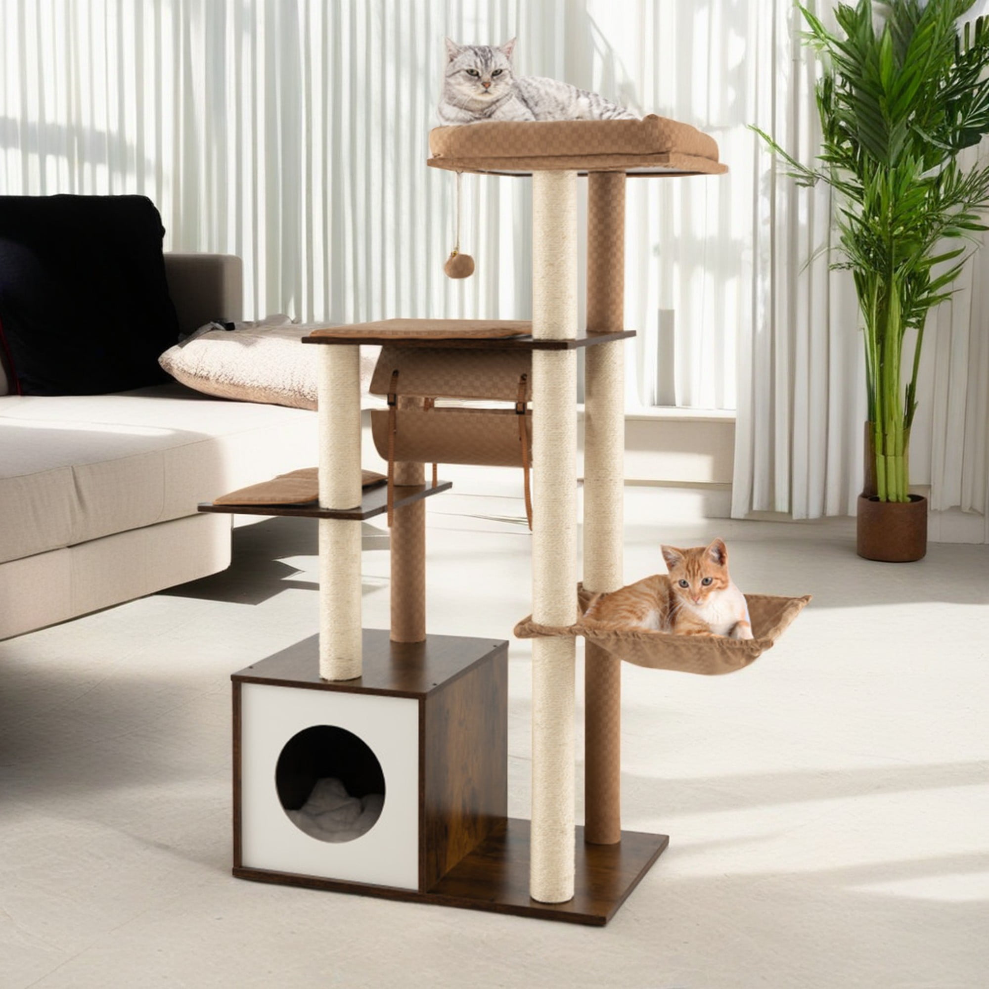 Pefilos 53" Cat Tree Tower Furniture, Cat Tree House with Swing Tunnel Condo Scratch Post for Kittens Pet House Play, Brown Pefilos 53" Cat Tree Tower Furniture, Cat Tree House with Swing Tunnel Condo Scratch Post for Kittens Pet House Play, Brown