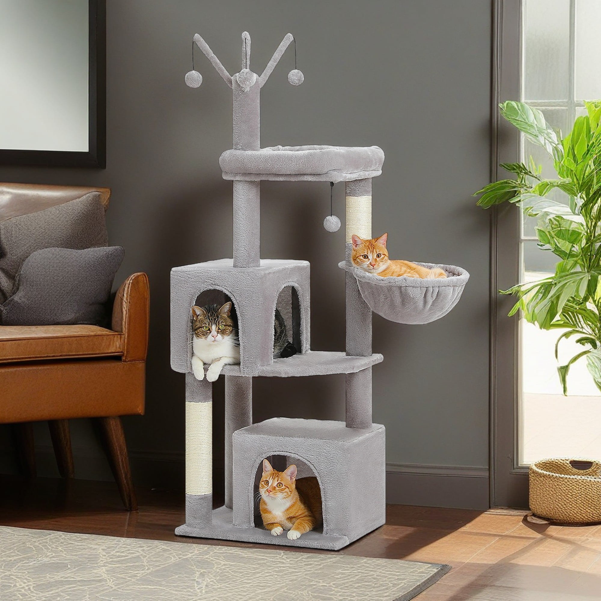 Pefilos 53" Cat Tree Tower for Small Cats with 2 Cat Condos, Hammock and 3 Removable Pompom Sticks, Cat Tree House with Scratching Posts, Gray Pefilos 53" Cat Tree Tower for Small Cats with 2 Cat Condos, Hammock and 3 Removable Pompom Sticks, Cat Tree House with Scratching Posts, Gray