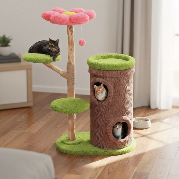 Pefilos 53" Cat Tree Tower with Flower Perch, 2 Condos, Natural Solid Wood Scratching Post, Heavy Duty Forest Cat Tree Furniture for Indoor, Brown