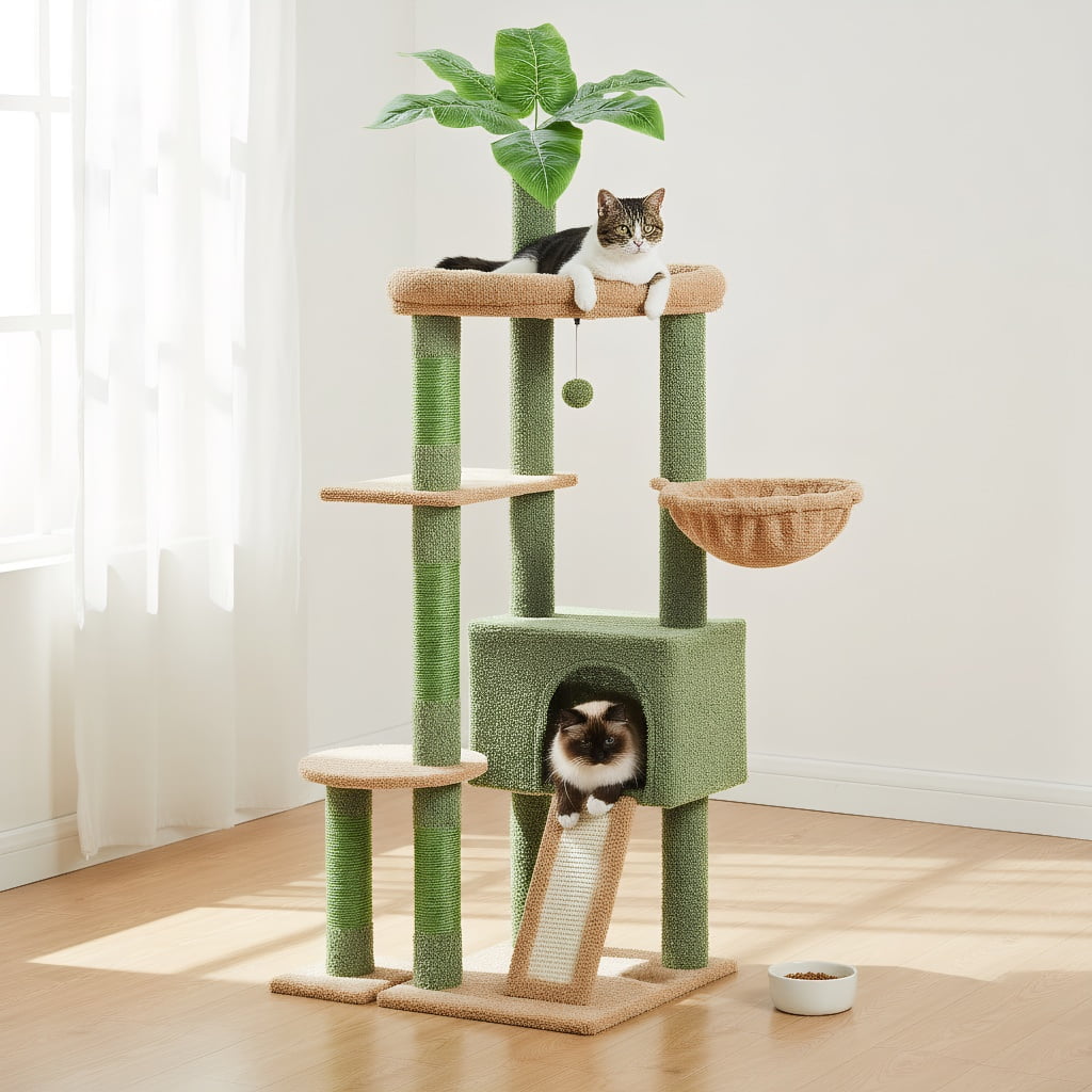 Pefilos 53" Cat Tree for Indoor Cats, Large Condo, Sisal Scratching Posts, Hammock & Perch, Fresh Cactus Design, Sturdy, Multi-Level, Green