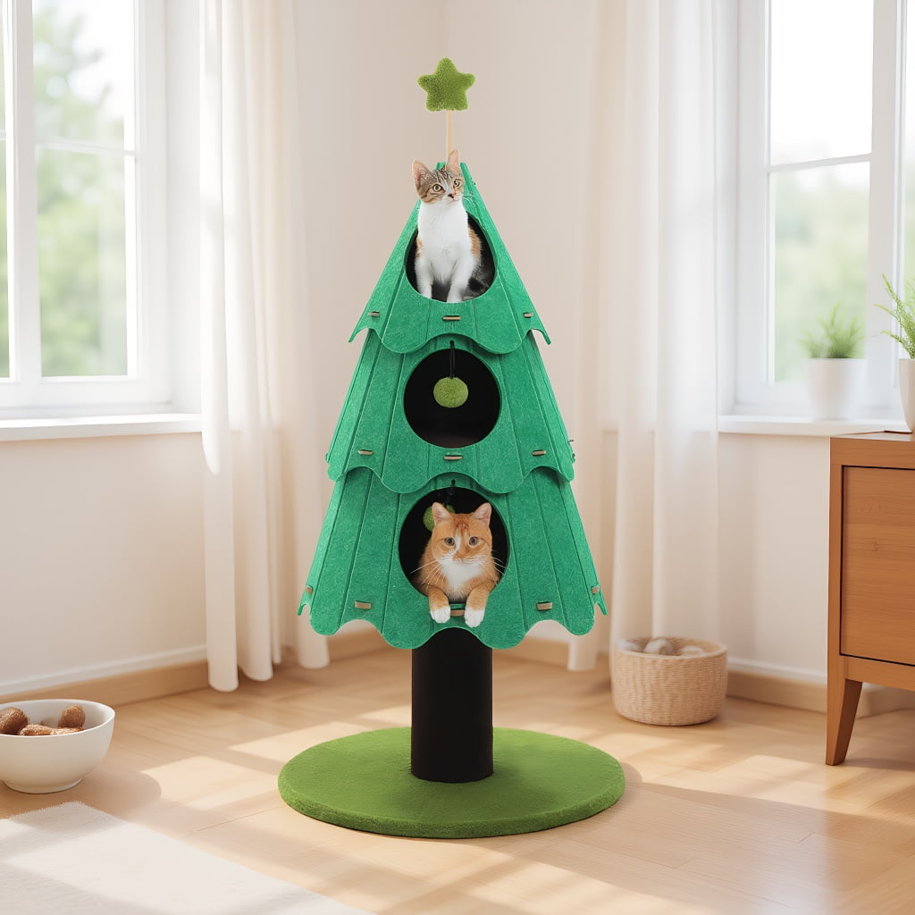 Pefilos 53" Christmas Cat Tree for Indoor Cats, Cat Tower with 3 Condos & 4 Pompoms, Holiday Felt Stickers, Activity Center & Beds, Green
