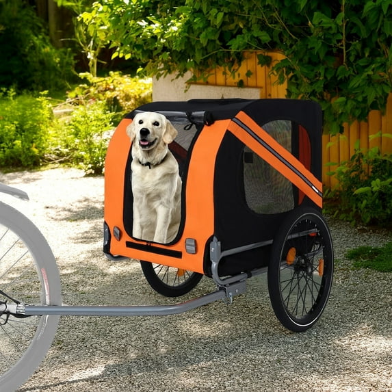 Pefilos 49" Dog Bike Trailer, Jogger Folding Pet Carrier, Pet Stroller Bicycle Carrier w/Hitch, Suspension, Visibility Flag and Reflectors, Orange