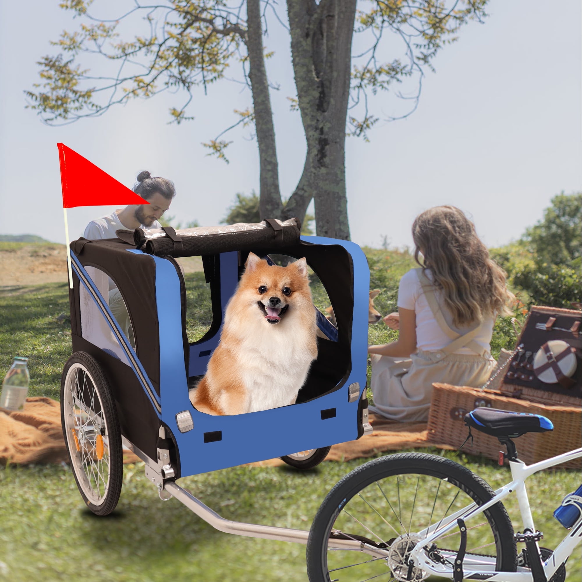 Pefilos 53" Dog Bike Trailer, Jogger Folding Pet Carrier, Pet Stroller Bicycle Carrier w/Hitch, Suspension, Visibility Flag and Reflectors, Blue