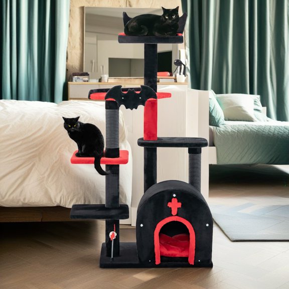 Pefilos 53" Gothic Cat Tree Tower for Indoor Cats, Multi-Level Cat Tree House with Arch-Shaped Condo and Scratching Posts, Black