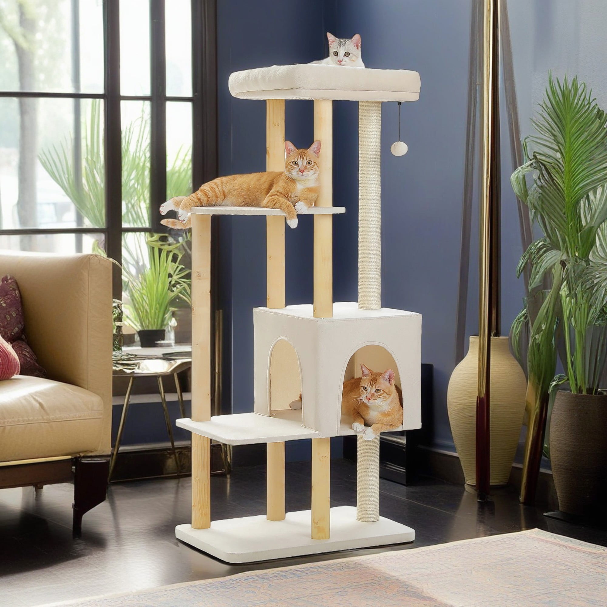 Pefilos 53" Modern Wooden Cat Tree Tower for Indoor Cats, Multi-Level Cat Condos with Long Scratching Posts and Scraping Columns, Beige Pefilos 53" Modern Wooden Cat Tree Tower for Indoor Cats, Multi-Level Cat Condos with Long Scratching Posts and Scraping Columns, Beige