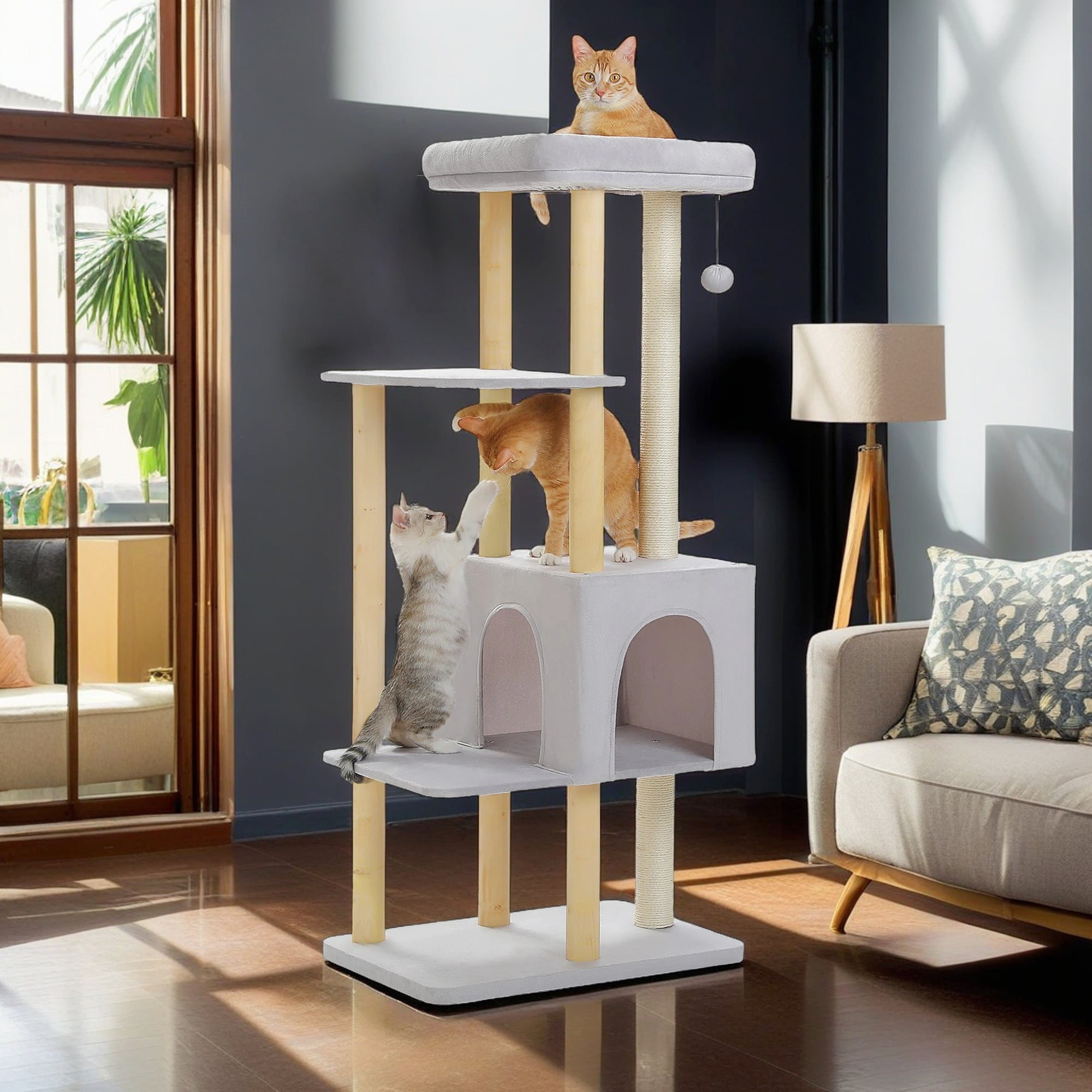 Pefilos 53" Modern Wooden Cat Tree Tower for Indoor Cats, Multi-Level Cat Condos with Long Scratching Posts and Scraping Columns, Gray Pefilos 53" Modern Wooden Cat Tree Tower for Indoor Cats, Multi-Level Cat Condos with Long Scratching Posts and Scraping Columns, Gray