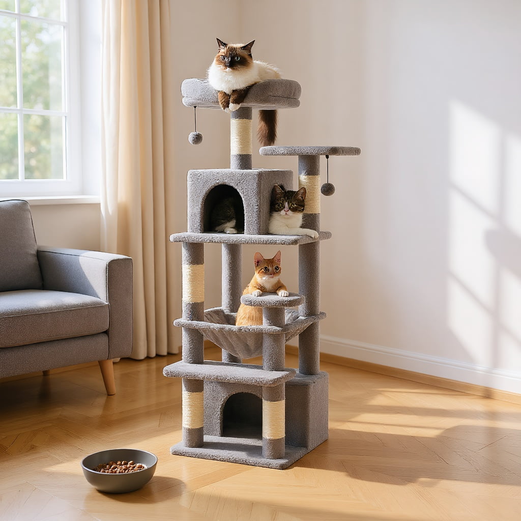 Pefilos 53" Tall Cat Tree Tower with Spacious Hammocks, Condos and Scratching Posts, Cat House with Dual Padded Perches for Indoor Large Cats, Gray