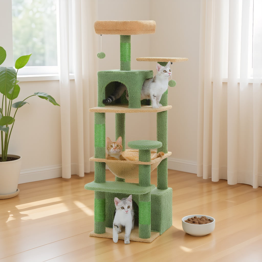 Pefilos 53" Tall Cat Tree Tower with Spacious Hammocks, Condos and Scratching Posts, Cat House with Dual Padded Perches for Indoor Large Cats, Green